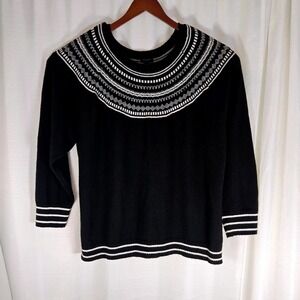 Talbots Plus Size‎ 3X Black Knit Sweater Fair Isle Crew Neck 3/4 Sleeve